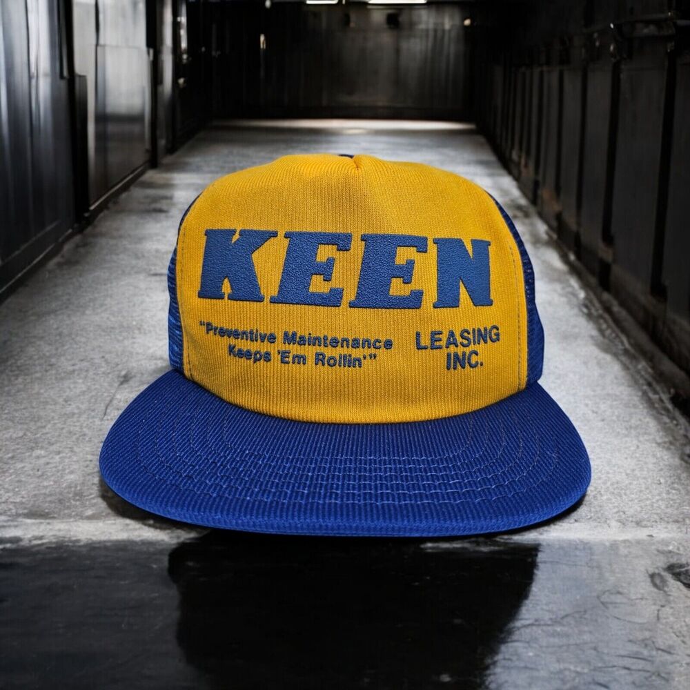 Keen Leasing Snapback Trucker Hat Vintage USA Mesh Advertising Yellow Blue Cap